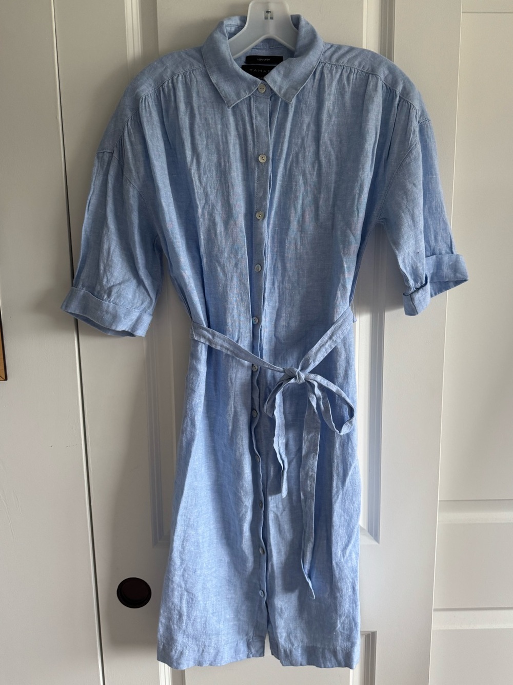 Tahari Light Blue 100% Linen Midi Shirt Dress with Tie Waist